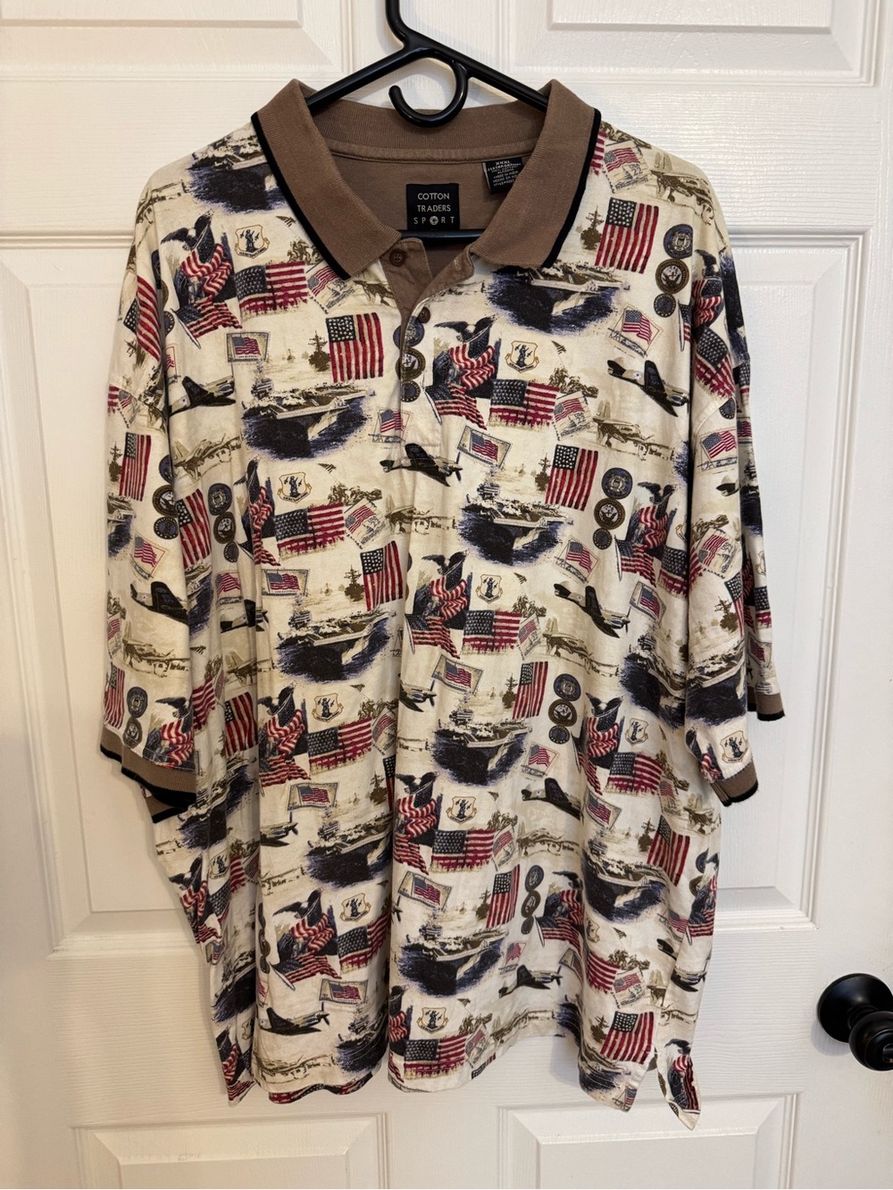 Cotton Traders Sport Men’s Cream Polo with Brown Collar and Patriotic Print